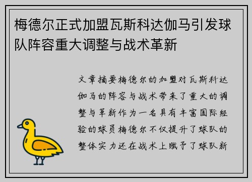 梅德尔正式加盟瓦斯科达伽马引发球队阵容重大调整与战术革新 梅德尔正式加盟瓦斯科达伽马引发球队阵容重大调整与战术革新