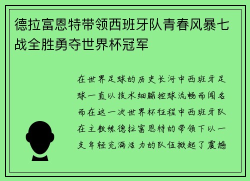 德拉富恩特带领西班牙队青春风暴七战全胜勇夺世界杯冠军 德拉富恩特带领西班牙队青春风暴七战全胜勇夺世界杯冠军