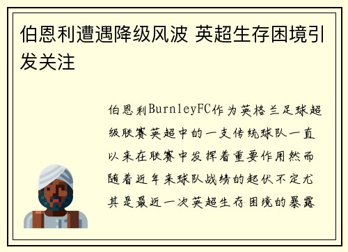 伯恩利遭遇降级风波 英超生存困境引发关注 伯恩利遭遇降级风波 英超生存困境引发关注